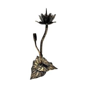Antique Arts & Crafts Bronze Flower and Leaves Candleholder